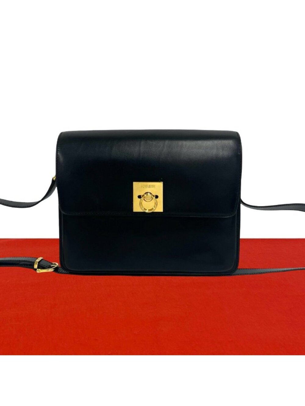 Celine Vintage Logo Ring Leather Shoulder Bag Pochette Crossbody Black